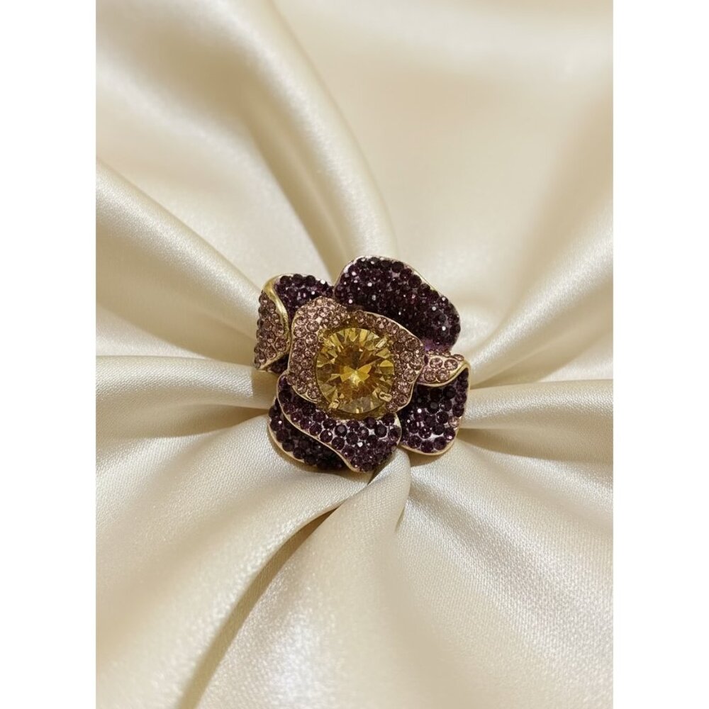 Floral cocktail ring with Purple & Yellow Crystals